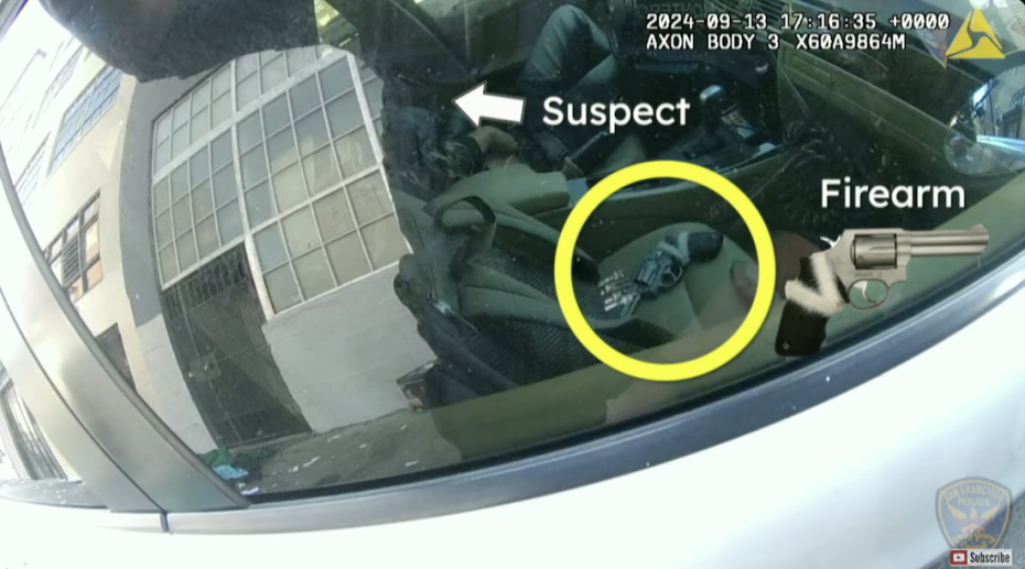 Body camera footage showing the interior of a vehicle with a firearm circled in yellow. A white arrow labeled "Suspect" points to an individual in the driver's seat.
